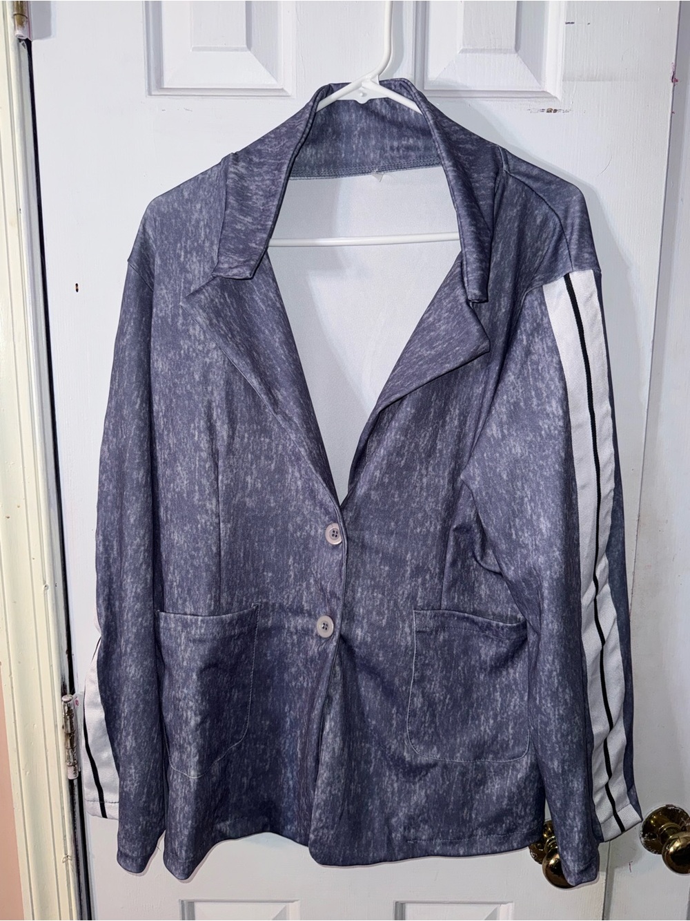 Casual Heathered Gray Button Front Jacket with Side Stripes